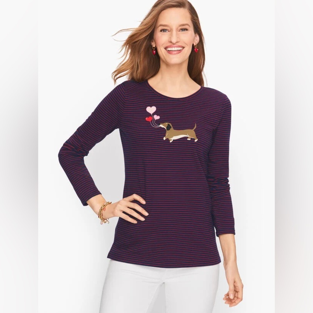 Talbots Blue and Red Stripe Long Sleeve Soft Cotton Tee Dachshund Dog Size SP
